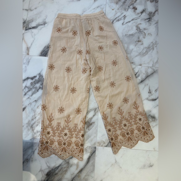 Zara Embroidered Floral Wide-Leg Pants Boho Scalloped Hem S - Picture 9 of 13